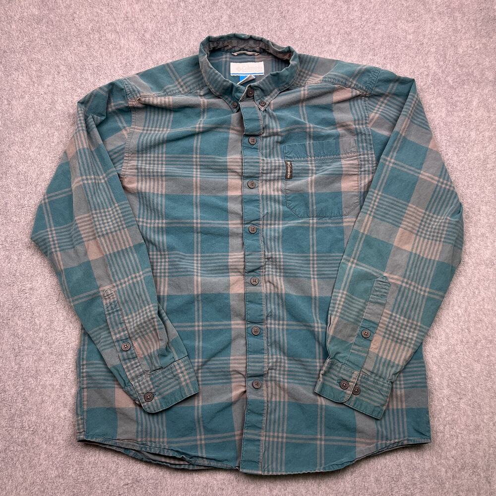 columbia button down shirt mens medium green plaid long sleeve